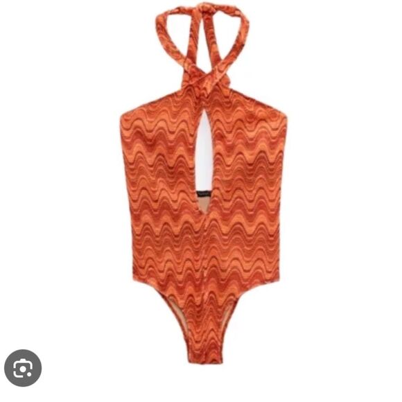 ZARA NWT Retro Wavy Print Halter One Piece Swimsuit Large Boho Keyhole Plunge - Picture 6 of 16